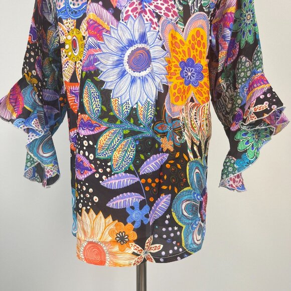NWOT Johnny Was Zellah Silk Floral Ruffles Pleated V-neck Blouse Size S - Picture 8 of 15